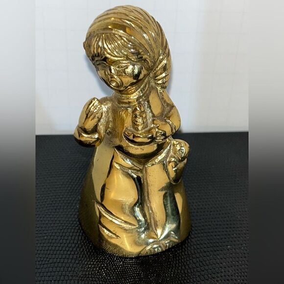Vintage BRASS BELL Bedtime Sleepy Girl yawning pajamas teddy bear HEAVY 4" tall - Picture 8 of 12